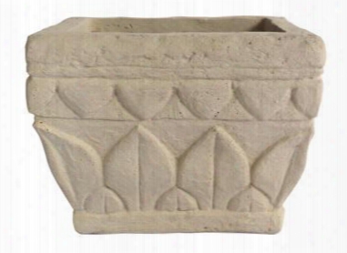 Verona Collection Pl-s1209 12" Square Planter With Cast Limestone Construction And Leaf Design In Natural