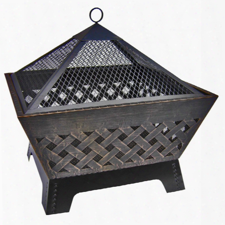 25282 Barrone 26" Fire Pit With Crosshatch Pattern Coverm Built-in Wood Grate Supportive Legs And Steel Construction In Antique Bronze