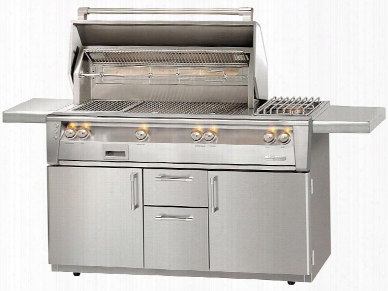 Alxe-56szc-ng 56" Natural Gas Sear Zone Grill With Side Burner In Cart Deluxe With 82500 Btu Rotisserie And Built-in Motor In Stainless