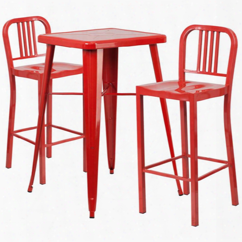 Ch-31330b-2-30-red-gg Red Metal Indoor-outdoor Bar Table Set With 2 Vertical Slat Back Bar