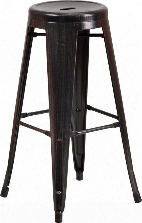 Ch-31350-30-bq-gg 30" High Backless Black-antique Gold Metal Indoor-outdoor Bar Stool With Round