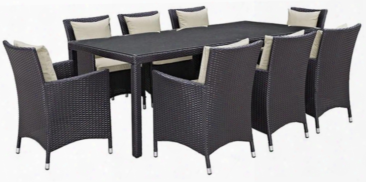 Convene Collection Eei-2217-exp-bei-set 9 Pc Outdoor Patio Dining Set With 8 Armchairs Rectangular Glass Top Table Synthetic Rattan Weave Construction And