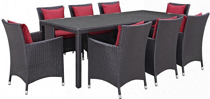 Convene Collection Eei-2217-exp-red-set 9 Pc Outdoor Patio Dining Set With 8 Armchairs Rectangular Glass Top Table Synthetic Rattan Weave Construction And