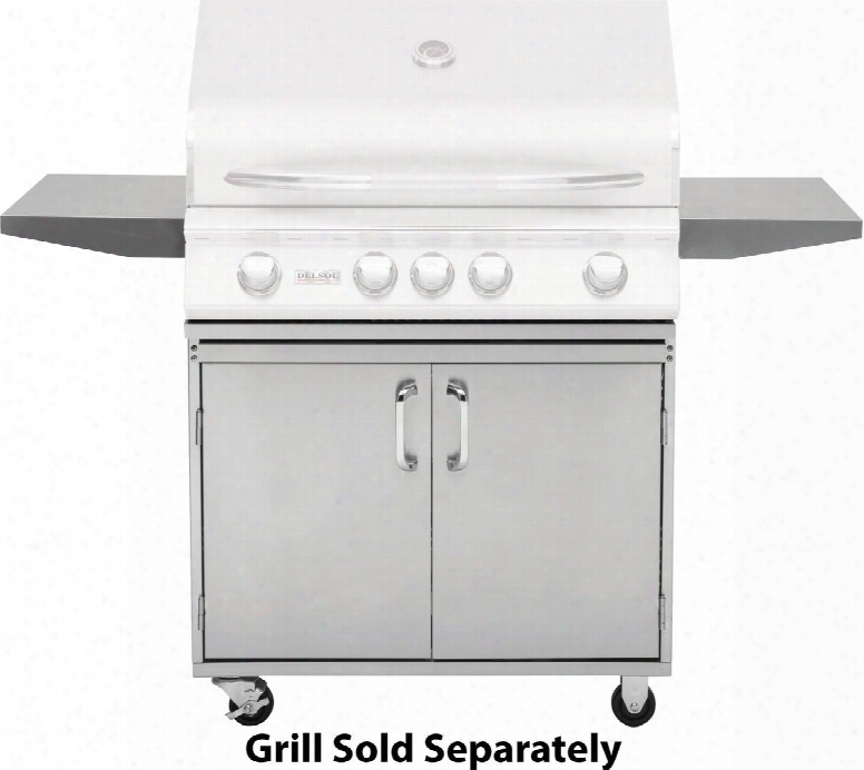 Dsgb32 32" Grill Base With Fixed Side Shelves 2 Access Doors Two Locking Swivel Casters And Two Stationary Casters In Stainless