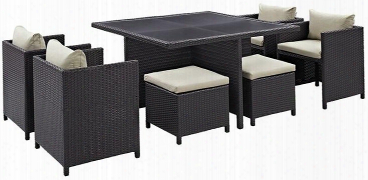 Inverse Eei726expbei 9 Pc Outdoor Patio Dining Set With 4 Chairs 4 Stools Tempered Glass Top Table And All-weather Rattan Construction In Espresso Beige