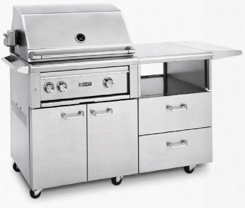 L30r-mlp Professional Series 30" Grill On Mobile Kitchen Cart With 2 Brass Burner And Rotisserie Blue Led Knob Light And Temperature Gauge In Stainless
