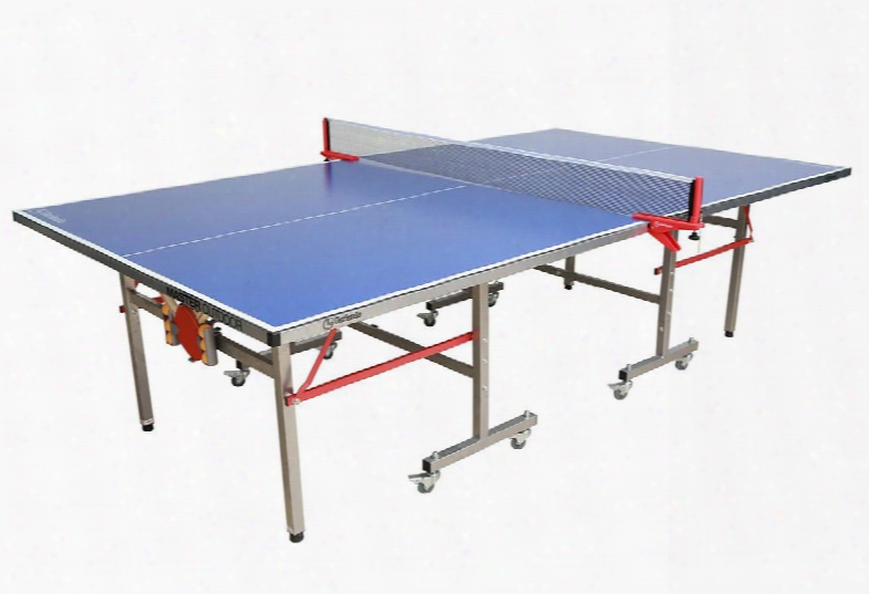 Master Series 21-365 108" Foldable Outdoor Ping Pong Table With Stainless Steel 35mm Legs And Frame Paddle And Ball Storage Included And 8 Locking Wheels In