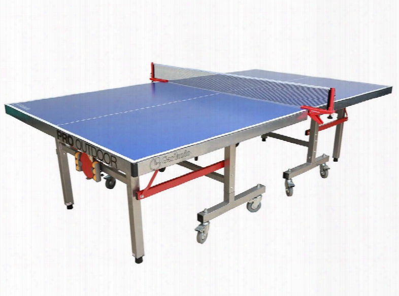 Pro 21-385 108" Foldable Outdoor Ping Pong Table With Melamine Table Top Stainless Steel Frame And 8 Locking Wheels In Silver And