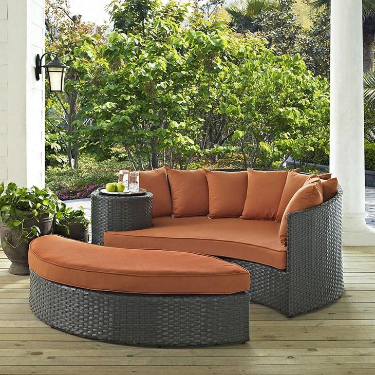 Sojourn Collection Eei-1982-chc-tus 71" Outdoor Patio Sunbreella Daybed With 7 Toss Pillows Large Ottoman Synthetic Rattan Weave Powder Coated Aluminum Frame