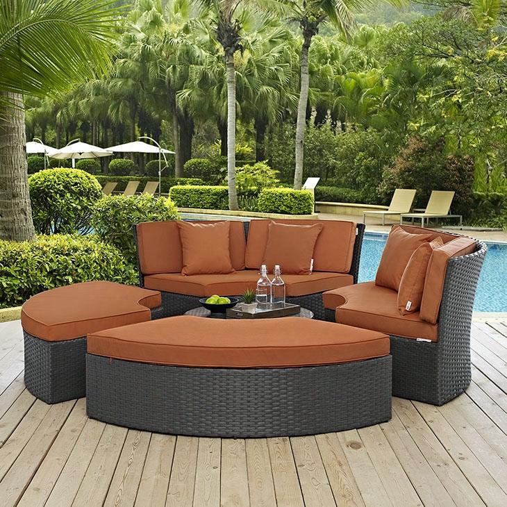 Sojourn Collection Eei-1984-chc-tus-set 31" Outdoor Patio Sunbrella Daybed With Ottomans Glass Top Coffee Tale Synthetic Rattan Weave Powder Coated