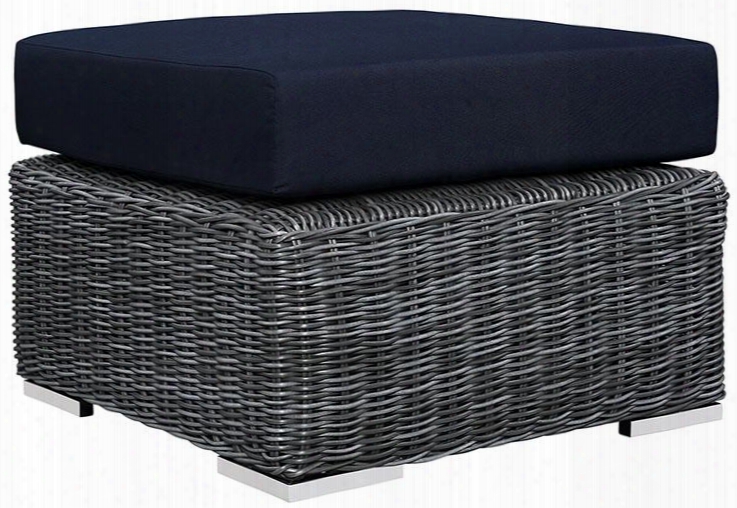 Summon Collection Eei-1869-gry--nav 26" Outdoor Patio Sunbrella Ottoman With Stainless Steel Legs Two-tone Synthetic Rattan Weave Uv And Water Resistant In