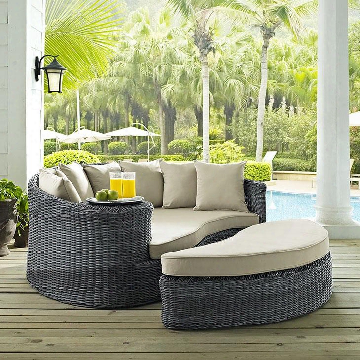 Summon Collection Eei-1993-gry-bei 71" Outdoor Patio Sunbrella Daybed With Adjustable Foot Glide Ottoman Two-tone Synthetic Rattan Weave Uv And Supply With ~ 