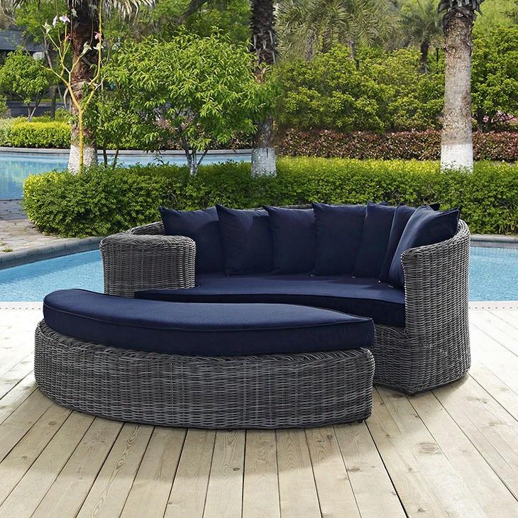 Summon Collection Eei-1993-gry-nav 71" Outdoor Patio Sunbrella Daybed With Adjustable Foot Glide Ottoman Two-tone Synthetic Rattan Weave Uv And Water