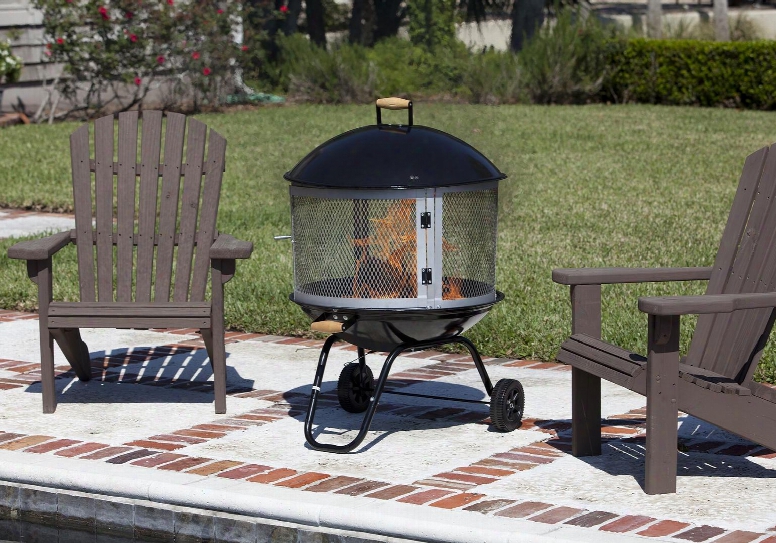 01471 28" Bon Fire Patio Fireplace With Wheels Handle Grip Steel Grate Porcelain Enamel Bowl And Porcelain