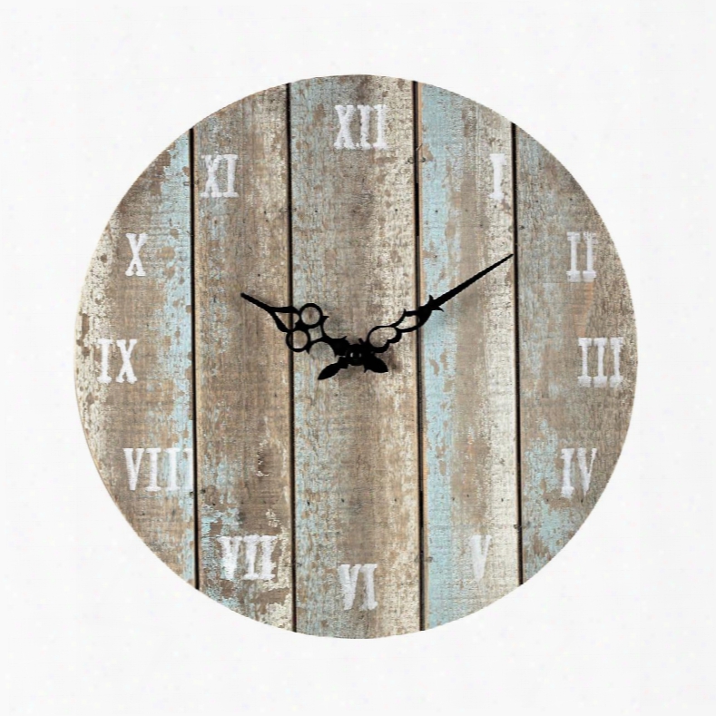 128-1009 16" Outdoor Wall Clock With Roman Numerals Round Shape And Wood Materials In Belos Light Blue