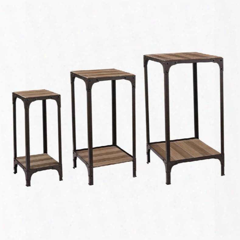 138-146/s3 Set Of Plant Stands With Bottom Shelf In Pine With Bronze
