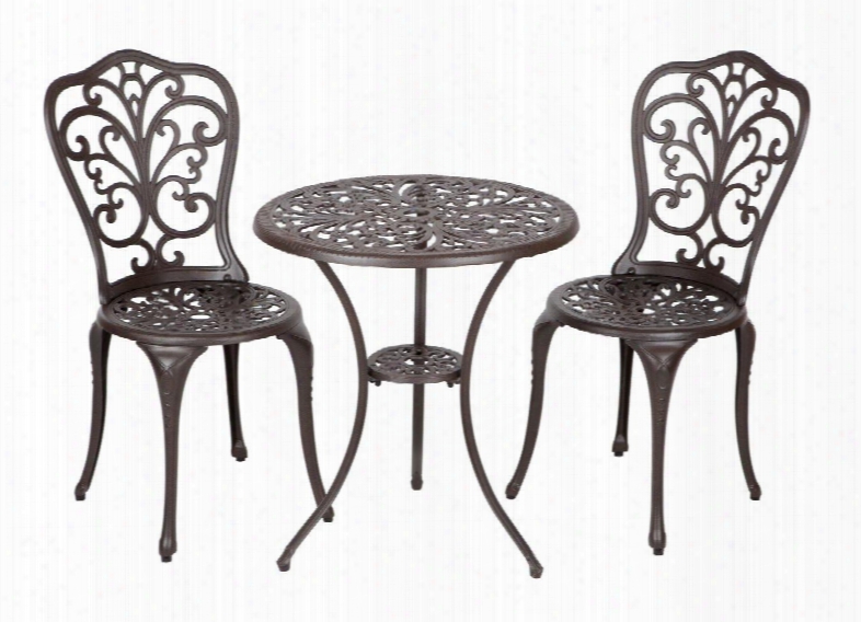 61908 Faustina Antique Bronze 3pc. Bistro Set With Two Cast Aluminum Chairs And A 23.6" Diameter Cast Aluminum