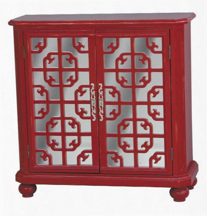 675015 Trump Chest With 2 Doors 1 Adjustable Shelf Decorative Wood Grilles Over Antique Mirror In Red Painted