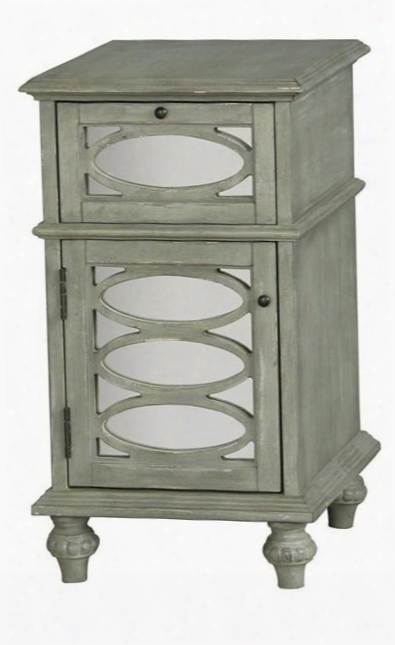 675028 Alderbrook Accent Chest With 1 Drawer 1 Wood Grilles Over Mirror Fronts Door And Yellow Interior In Grey Distressed Painted