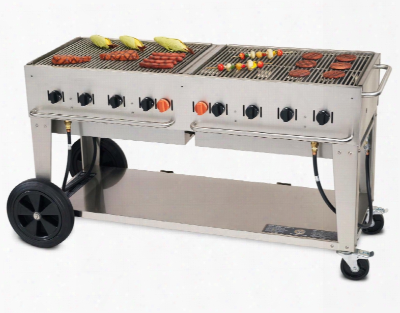 Cv-mcb-60-ng 69" Wide Natural Gas Mobile Grill With 129 000 Btu/h 8 Burners 58" Cooking Surface Two Wheels Two Lock Casters And Storage Shelf In Stainless