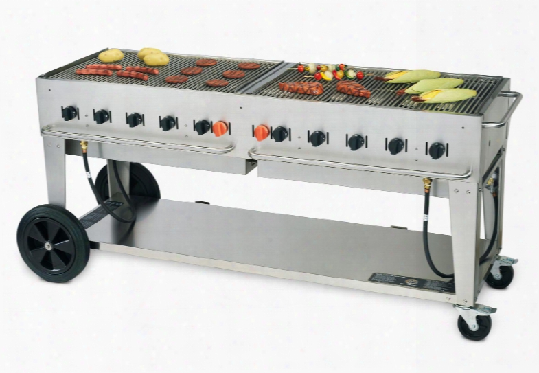 Cv-mcb-72-ng 81" Wide Natural Gas Mobile Grill With 159 000 Btu/h 10 Burners 70" Cooking Surface Two Wheels Two Lock Casters And Storage Shelf In Stainless