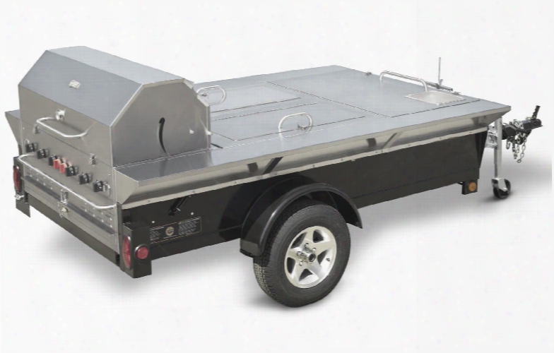 Cv-tg-4 69" Wide Towable Grill With Storage Compartments Built-in Sink 99 000 Btu/h 6 Burners Propane Bracket Water Pan With Drain Port And 13" Tire Rims