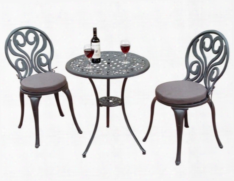 Dm-3524 Sunset Swirl Bistro Set With Table 2 Plush Seat Cushion Chairs Bottom Shelf Cabriole Legs And Aluminum Material In Antique Bronze