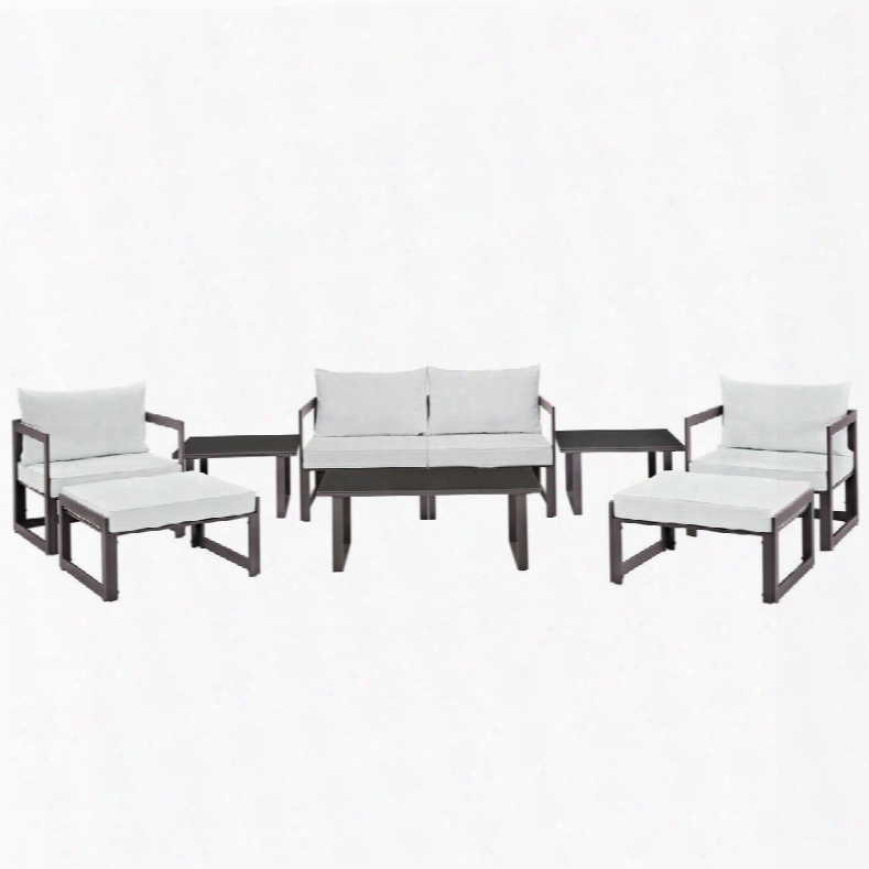 Fortuna Collection Eei-1719-brn-whi-set 9 Pc Outdoor Patio Sectional Sofa Set With Blaxk Plastic Base Glides Powder Coated Aluminum Frame And Washable