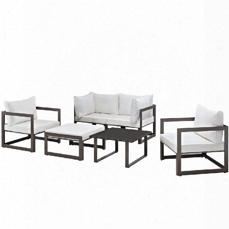 Fortunac Ollection Eei-1723-brn-whi-set 6 Pc Outdoor Patio Sectional Sofa Set With Powder Coated Aluminum Frame Tempered Glass Table Top Fabric Cushions