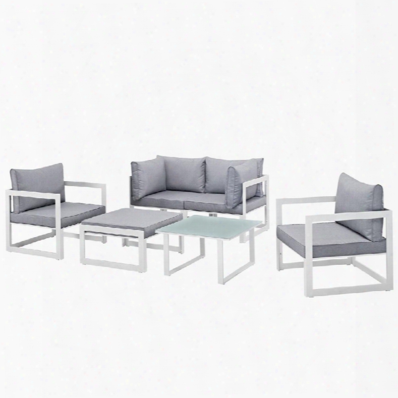 Fortuna Collection Eei-1723-whi-gry-set 6 Pc Outdoor Patio Sectional Sofa Set With Powder Coated Aluminum Frame Tempered Glass Table Top Fabric Cushions