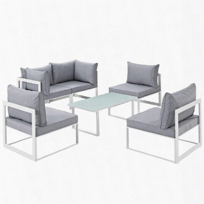 Fortuna Collection Eei-176-whi-gry-set 6 Pc Patio Sectional Set With All-weather Polyester Cushions Tempered Glass Top Coffee Talbe And Powder Coated