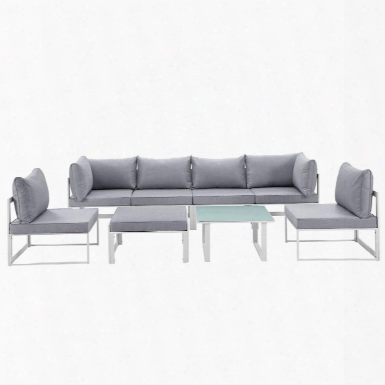 Fortuna Collection Eei-1728-whi-gry-set 8-piece Outdoor Patio Sectional Sofa Set With 2 Corner Sections 4 Center Sections Ottoman And Side Table In White And
