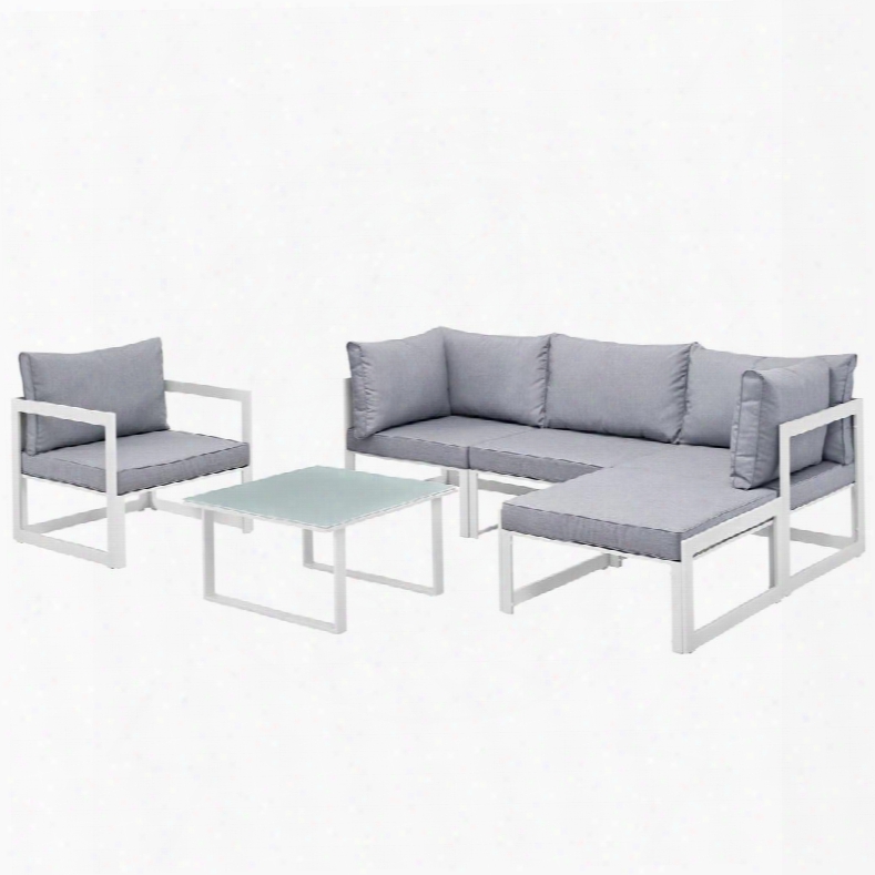 Fortuna Collection Eei-1731-whi-gry-set 6 Pc Outdoor Patio Sectional Sofa Set With 2 Corner Chairs 1 Armless Chair 1 Armchair 1 Ottoman Tempered Glass Top