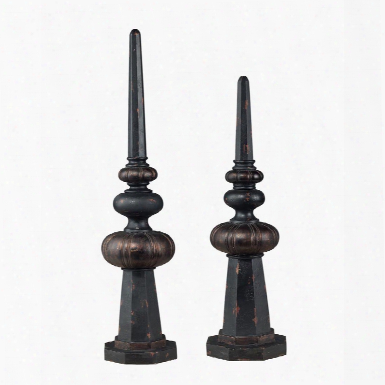 Keysville Collection 93-9043 Set Of 2 28" Finials With Turned Style Pointed Top Design Indoor/outdoor Use Wood And Metal Construction In Distressed Black