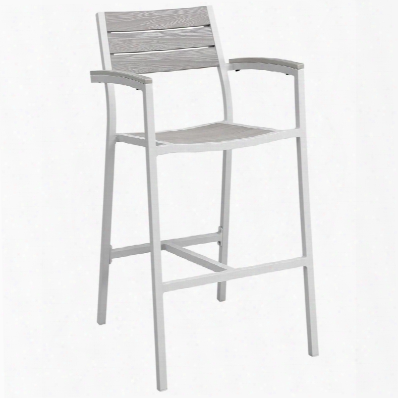 Maine Collection Eei-1510-whi-lgr 23" Outdoor Patio Bar Stool With Solid Wood Slats Powder Coated Aluminum Frame And Plastic Base Glides In White And Light