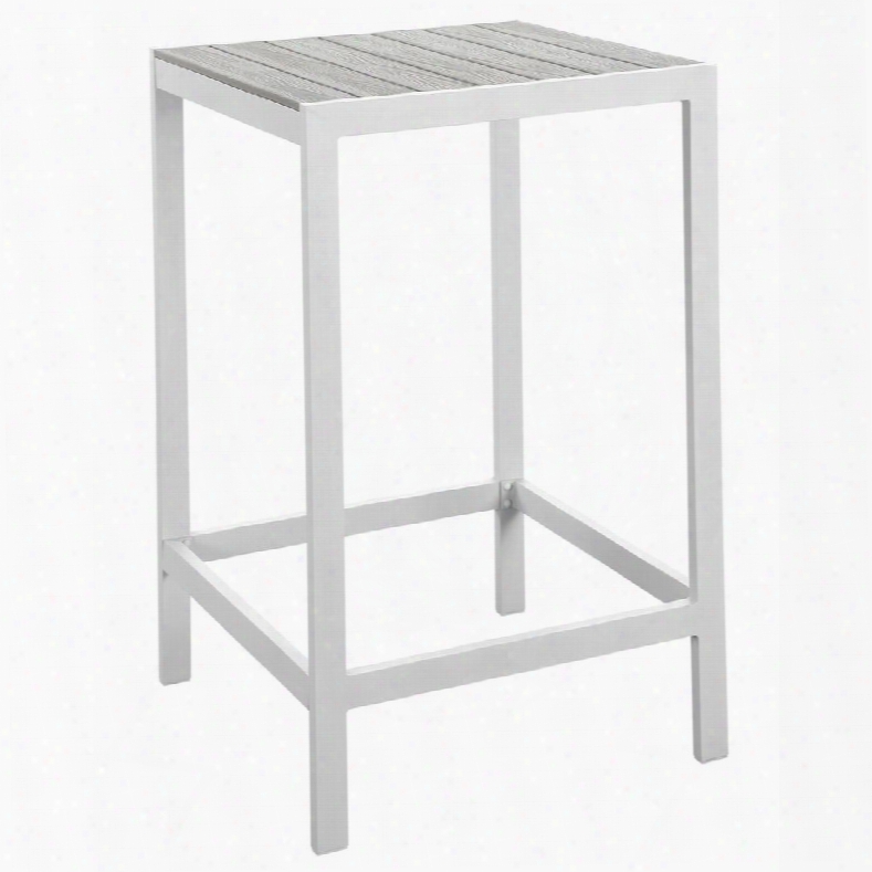 Maine Collection Eei-1511-whi-lgr 27" Outdoor Patio Bar Table With Solid Wood Slat Top Powder Coated Aluminum Frame And Plastic Base Glides In White And Light