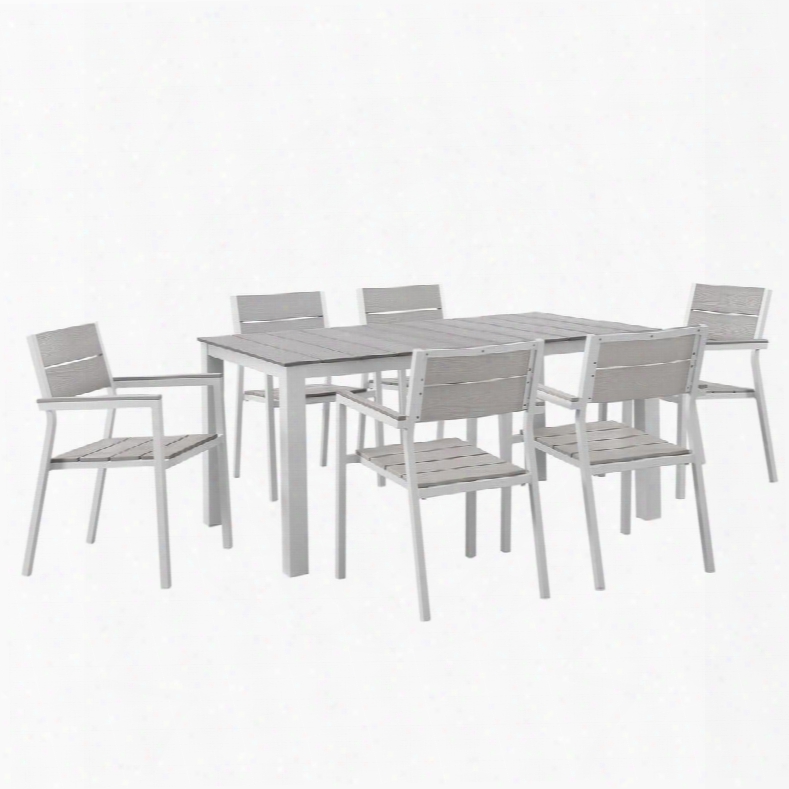 Maine Collection Eei-1749-whi-lgr-set 7 Pc Outdoor Patio Dining Set With Solid Plywood Slats Natural Wood Grain Design Powder Coated Aluminum Frame And