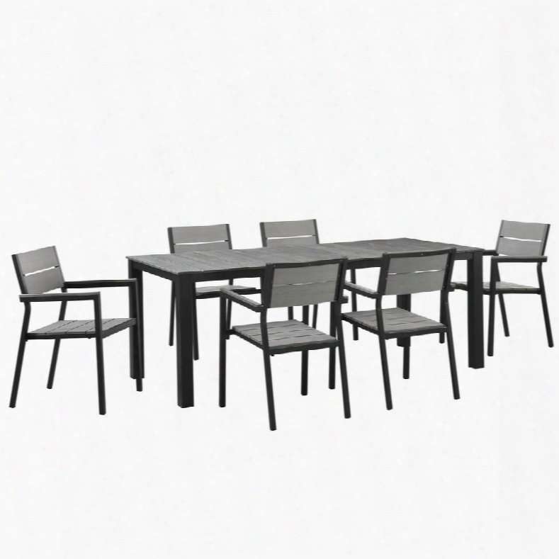 Maine Collection Eei-1751-brn-gry-set 7 Pc Outdoor Patio Dining Set With Solid Grey Polywood Slats Wooden Plank Boards Powder Coated Aluminum Frame And