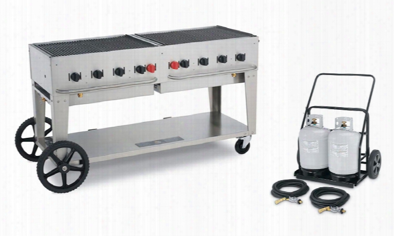 Mobile Club Cv-mcc-60 69" Grill With 129 000 But/h 8 Burners 58" Cooking Surface And Two 50 Lbs. Vertical Propane Tanks With Remote Cart In Stainless