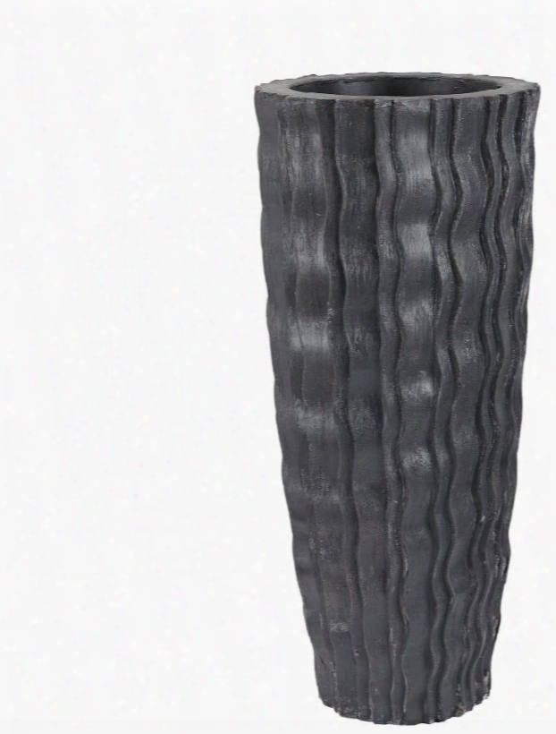 Planter Collection 9166-018 35" Tall Vase With Small Waves Round Open Top And Fiberglass Material In Black Ash