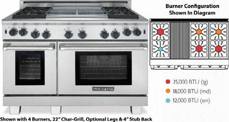 Arrob-648grn 48" Performer Series Gas Range With 4.4 Cu. Ft. 30" Oven Capacity 2.4 Cu. Ft. 18" Oven Capacity 6 Open Burners And 11" Char-grill In Stainless