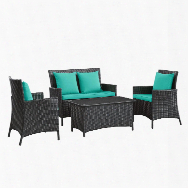 Eei-964-exp-trq-set Flourish 4 Piece Outdoor Patio Sofa Set In Espresso Turquoise