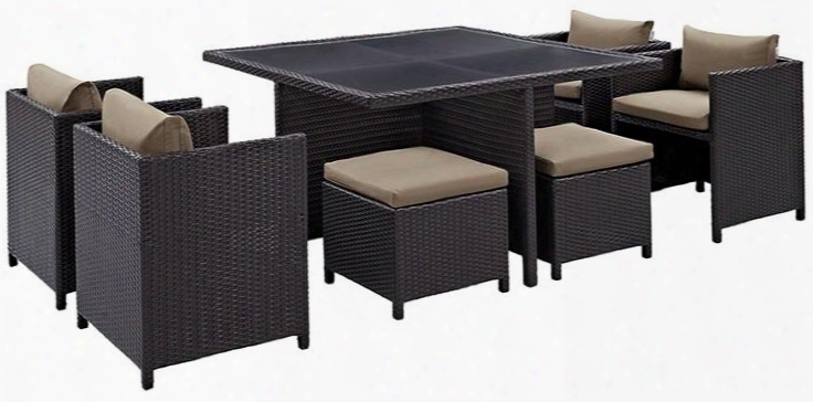 Inverse Eei726expmoc 9 Pc Outdoor Patio Dining Set With 4 Chairs 4 Stools Tempered Glass Top Table And All-weather Rattan Construction In Espresso Mocha