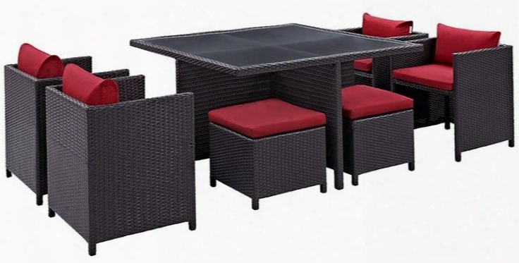 Inverse Eei726expred 9 Pc Outdoor Patio Dining Set With 4 Chairs 4 Stools Tempered Glass Top Table And All-weather Rattan Construction In Espresso Red