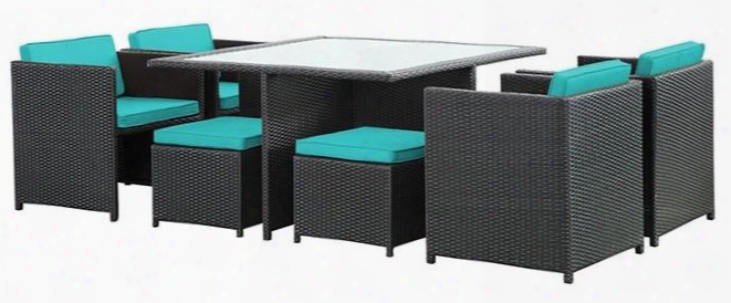 Inverse Eei726exptrq 9 Pc Outdoor Patio Dining Set With 4 Chairs 4 Stools Tempered Glass Top Table And All-weather Rattan Construction In Espressso Turquoise