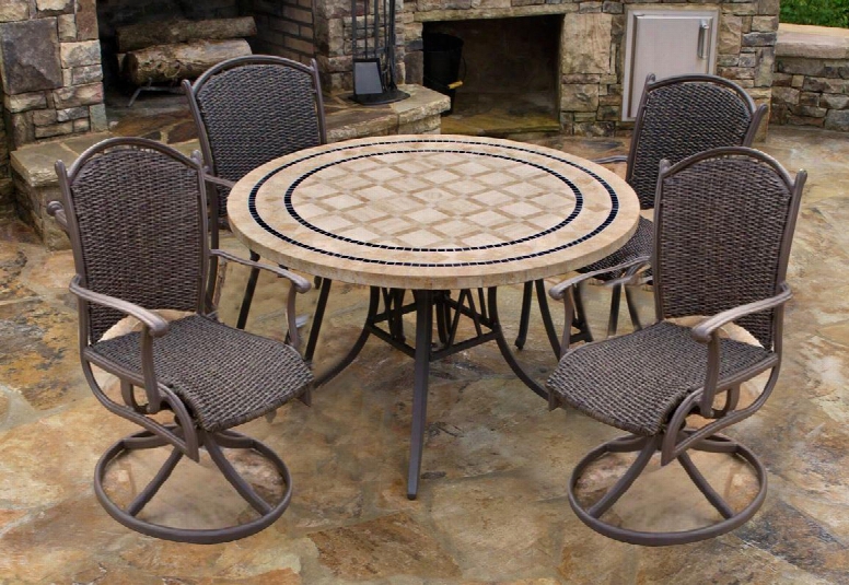 Mqs-5pc-swv Marquesas 5pc Dining Set With 48&qot; Round Tile Table With Umbrella Hole And Stone Tile Plug And 4 Swivel Rockers Arm Chairs Made Of Round Synthetic