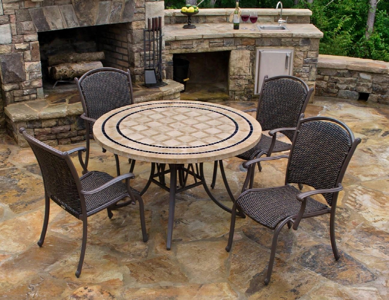 Mqs5pc Marquesas 5pc Dining Set With 48" Round Tile Table With Umbrella Hole And Stone Tile Plug And 4 Arm Chairs Made Of Round Synthetic Resin Wicker Over