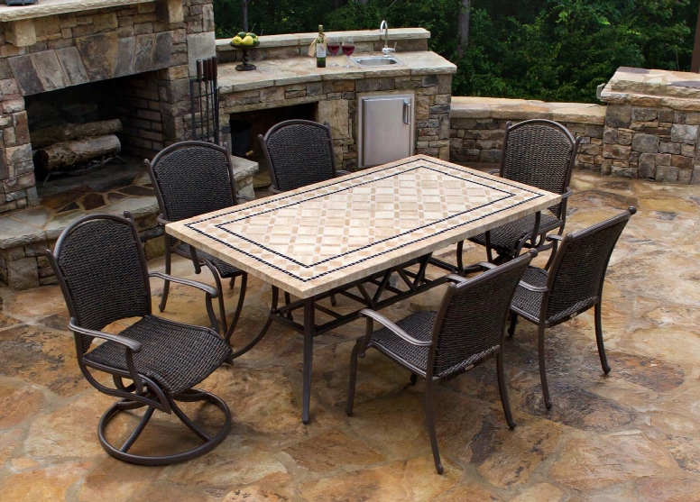 Mqs7pcswv Marquesas 7 Piece Dining Set With 70" Long Rectangular Tile Table With Umbrella Hole And Stone Tile Plug 2 Swivel Rocker Chairs And 4 Arm Chairs