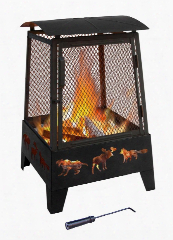 25319 Haywood Fire Pit With Decorative Wildlife Cutouts Large Hinged Front Door Built-in Wood Grate Poker And Steel Construction In Black