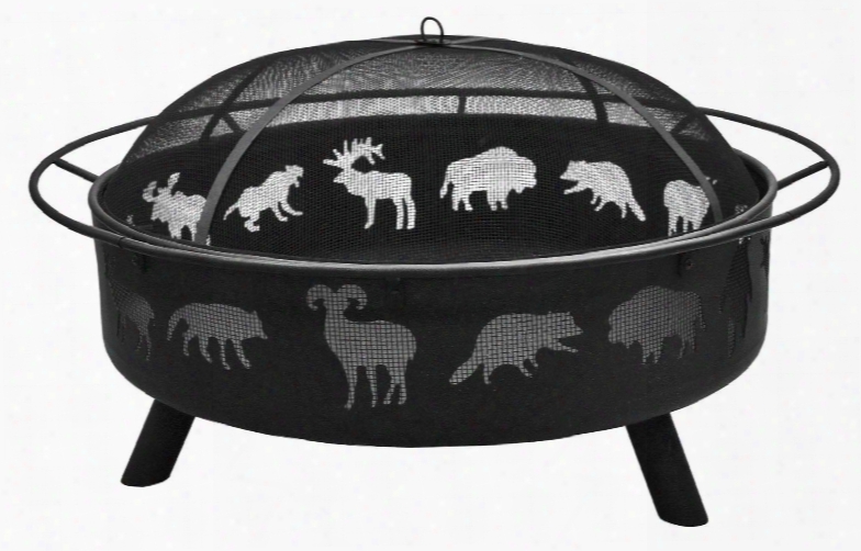 28915 Super Sky Fire Pit With 360 Degree View 36.5" Large Fire Bowl Cooking Grate Wildlife Pattern And Steel Construction In Black